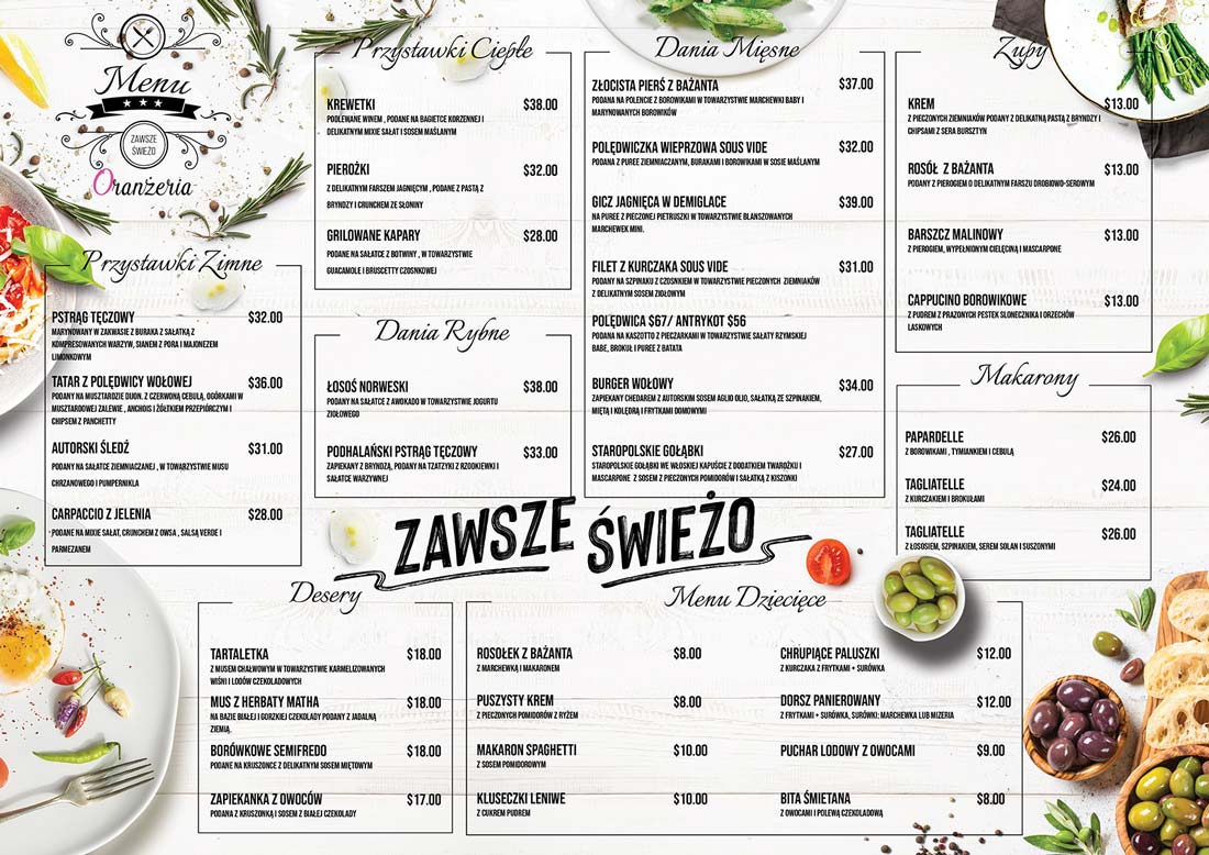 Oranżeria Menu